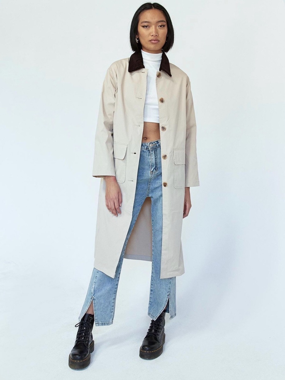 Princess Polly Beige Trench Coat with Dark Contrast Collar